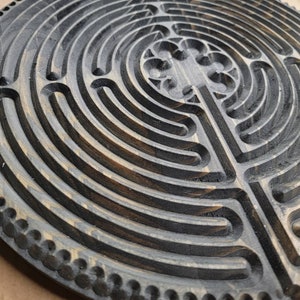 Dark Brown Finger Labyrinth, Wood Carving, No border, Chartres Wood Labyrinth, Finger Labyrinth, Meditation, Wood Art