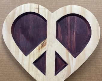 Heart Shaped Wood Carved Peace Sign Wall Art, Hippie Wood Carving
