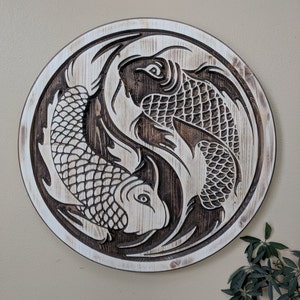 Wood Carved Yin Yang Koi Fish, Yin Yang, Yin Yang Decor, Yin Yang Koi Fish, Koi Fish, Fish Decor, Wood Art, Martial Arts