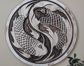 Wood Carved Yin Yang Koi Fish Wall Art, Zen Decor, Martial Arts Home Ornament