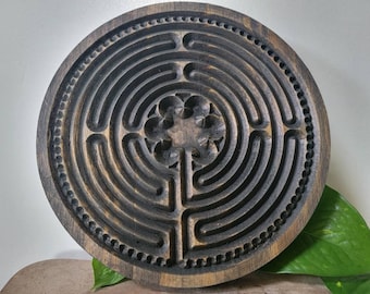 9 Inch Finger Labyrinth, Dark Brown, Wood Carving, Chartres, Wood Labyrinth, Finger Labyrinth, Meditation, Wood Art