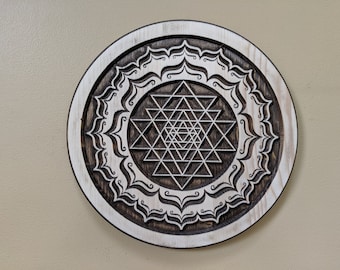 Wood Carved Sri Yantra Mandala, Sacred Geometric Wall Art, Meditation Decor