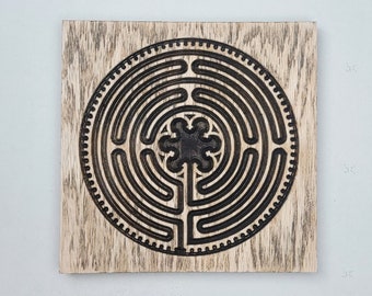 Oak Finger Labyrinth Wood Carving, Natural and Dark Brown Contrast, Chartres, Wood Labyrinth, on Reclaimed Barn Board. 10 Inch Square