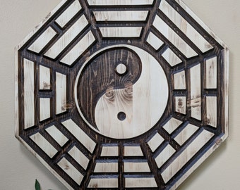 Carved Wood Yin Yang Eight Sided Decor, Feng Shui Meditation Art