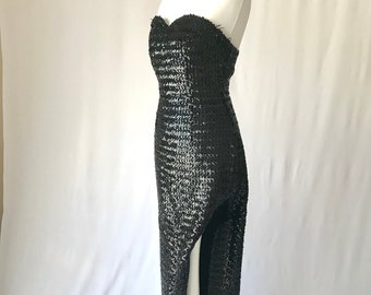 Bombshell Vintage 1950s Fully Sequinned Black Strapless Showgirl Dress UK8/US4/EU36 - Side Leg Opening, Floor Length Pinup Style Marilyn NYE