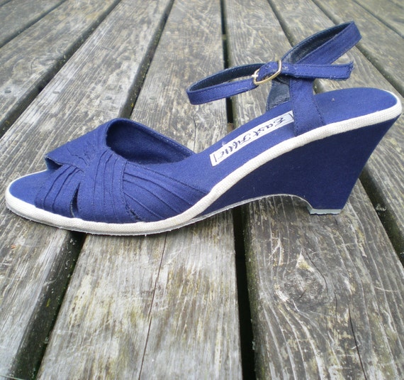 Vintage 70s Does 40s Navy Blue Canvas Wedge Platform Sandals UK6 US 8 EU 38 Swing Boho Hippie Etsy