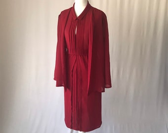 True Vintage 1940s Red Crepe Dress w Matching Jacket, Medium UK10-12/ US6-8 / Amazing pleated details and overskirt / Pinup Noir