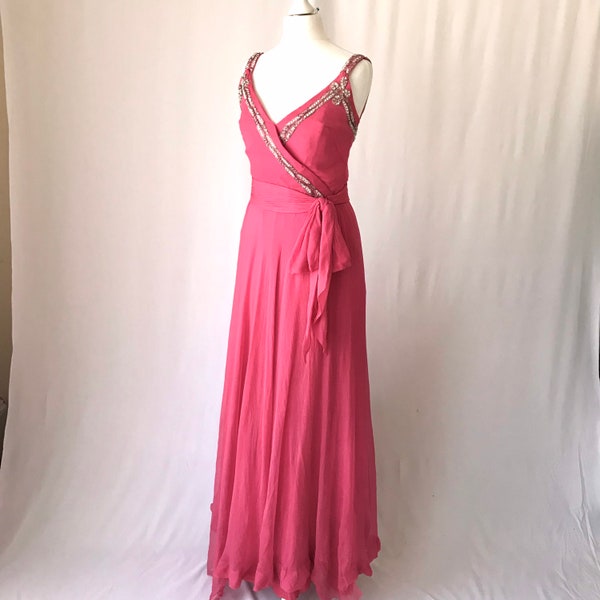 Diva Vintage 70s Pink Chiffon Maxi Dress w Silver Beads - SX Small - Massive Sweep & Side Sash - Disco Prom Hostess 60s