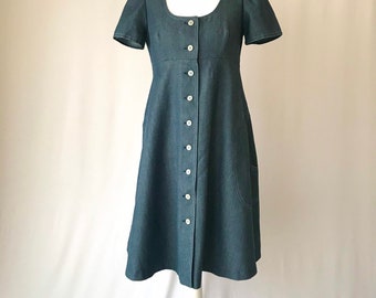 Romantic Vintage Denim Button Front Midi Dress w Wonderful Low Scoop Neck and Puff Sleeves // Size Xs Small // Hippie Prairie Victorian 90s