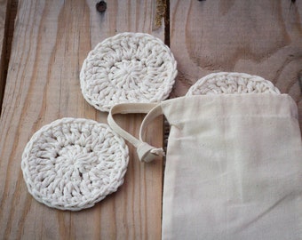 Katoenen Gezichtsscrubbies | Herbruikbare reinigingspads | Gerecycled katoen | Individueel handgemaakt in een katoenen waszak | Gehaakte gezichtsdoekjes scrubbies