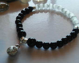 Black and White Beaded Bracelet, with Charm