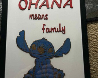 May include: Framed artwork featuring the word "OHANA" in red, above the words "means family." A blue wooden cutout of a cartoon character is below the text. The frame is black, and the background is white.