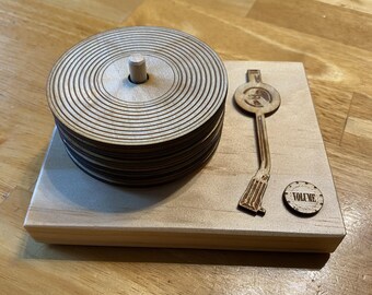 Unique coasters, Nostalgic “vinyl record” coaster hand crafted in wood with a replica turn table