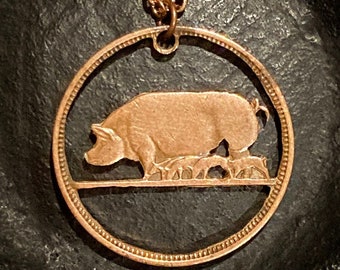 Pig sow and piglets Irish Half Pingin cut coin necklace pendant