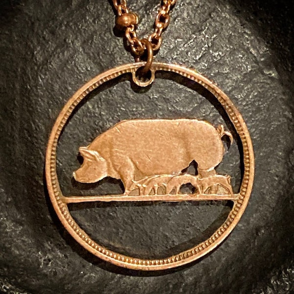 Pig sow and piglets Irish Half Pingin cut coin necklace pendant