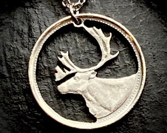 Christmas reindeer caribou Canadian quarter cut coin necklace pendant