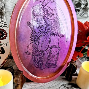 La Santa Muerte Orange Pink Purple Wall Art - Handmade, Occult Decor, Glow in the Dark