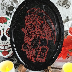 La Santa Muerte Red and Black Wall Art - Handmade, Occult Decor, Altar Piece