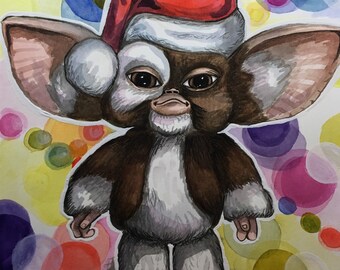Gizmo Gemlin Christmas Holiday Illustration Painting Mogwai