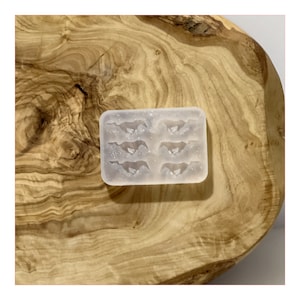 May include: A clear silicone mold with six impressions of a bat silhouette. The mold is on a wooden surface.