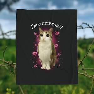 May include: Black blanket featuring a cat illustration with the text "i'm a new soul!" surrounded by pink hearts and sparkles. The cat has brown and white fur and large eyes, set against a pink glow.