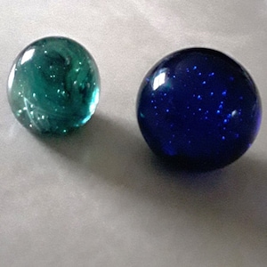 Two Vintage Hand-Blown Glass Paperweights With Internal Swirls of Color and/or Controlled Bubbles, Green (Small) and Cobalt Blue (Large)