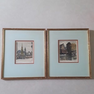 Two Vintage Original Signed Colored Etchings of Nuremberg Germany's Hauptmarkt and Henkersteg Bridge