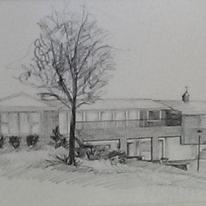Vintage Signed Original Mary A. Sadowski Pencil Drawing of Exterior of Circa 1970s-Style Split-Level Brick Home