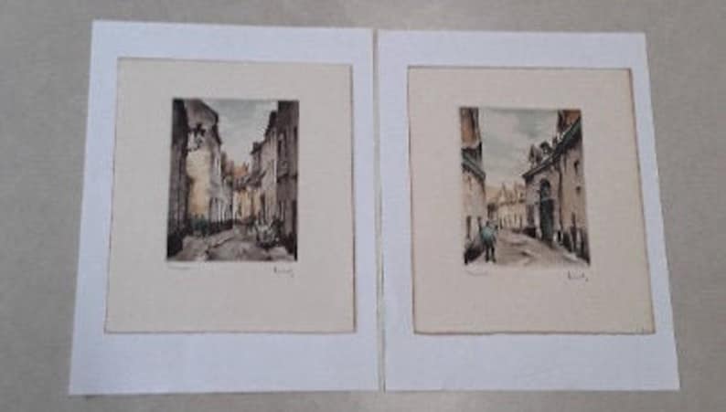 Two Vintage Roger Hebbelinck Original Signed Colored Etchings of Buildings and Streets in Brussels, Belgium, Printed by Stehli Freres image 1