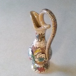 Mid Century Molaroni Hand-Painted Polychrome Pottery Ewer/Pitcher, Likely Made for 1956 Misurina (Italy) Winter Olympics