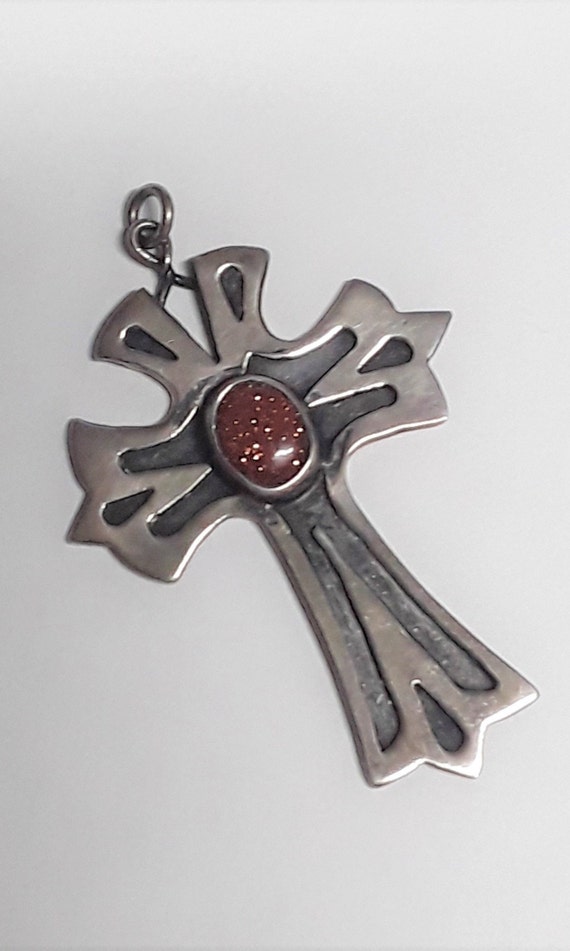 Vintage Sterling Silver and Red Goldstone Cross Pe