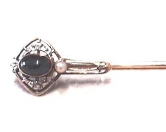 Vintage Krementz 14k Yellow Gold & White Gold, Blue Sapphire, and Seed Pearl Stick Pin, in Art Nouveau Style