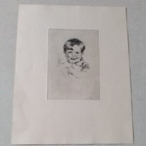 Original Vintage Etching of Young Boy Holding Puppy, Marked “Thayer Etching Boston”