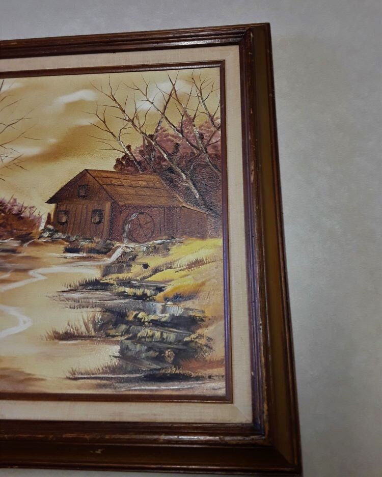 Vintage Original Oil Painting on Canvas of Outdoors Scene (with Cabin ...