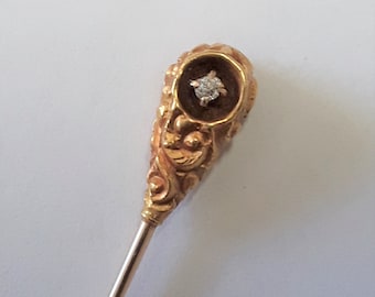 Antique Enos Richardson (of NYC & Newark, NJ) 14k Yellow Gold and Diamond Stick Pin/Lapel Pin, in Etruscan Revival Victorian Style