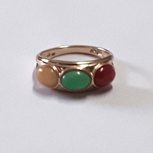 Vintage 14k Yellow Gold and Three-Stone (Yellow, Green, and Red) Jadeite Jade Woman’s Ring, Made in Hong Kong