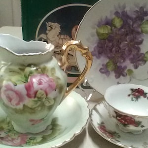 Vintage Lefton China Hand-Painted and Gold-Accented Cup and Saucer, Wall Plaque/Plate, & Pitcher and Bowl, With Lefton China Collecting Book