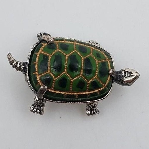 Vintage Small Beaucraft (of Providence, Rhode Island) Sterling Silver, Enamel, and Gold Tone 3-D Turtle Brooch