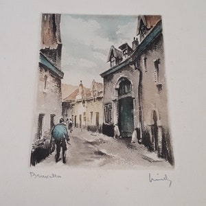 Two Vintage Roger Hebbelinck Original Signed Colored Etchings of Buildings and Streets in Brussels, Belgium, Printed by Stehli Freres image 5