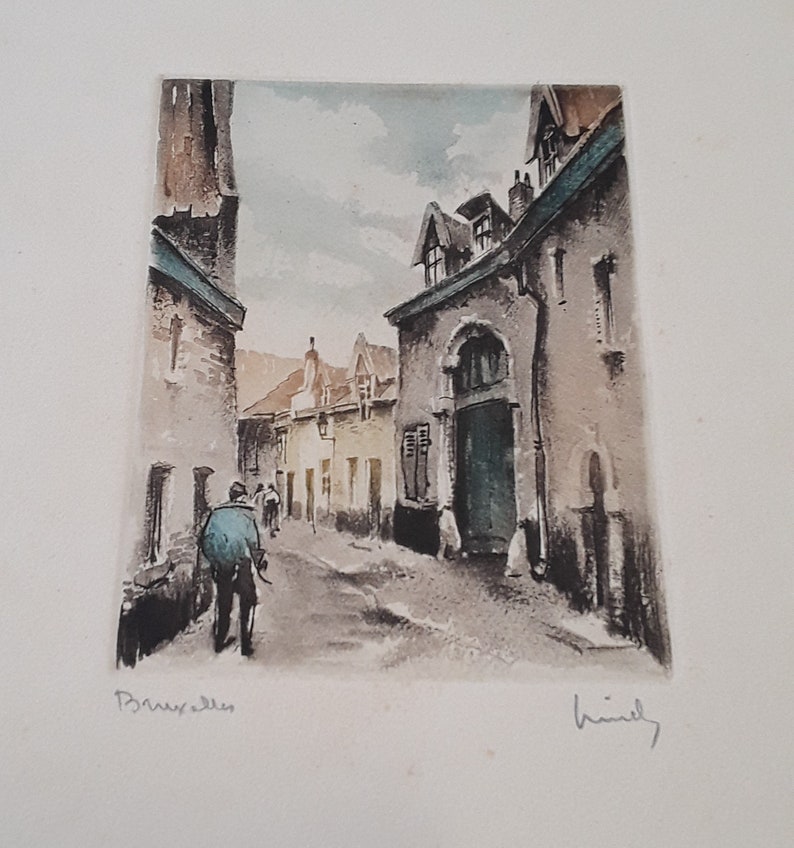 Two Vintage Roger Hebbelinck Original Signed Colored Etchings of Buildings and Streets in Brussels, Belgium, Printed by Stehli Freres image 5