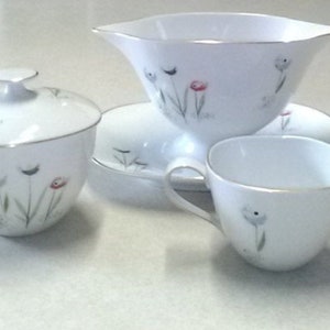 Mid Century Rosenthal Company (of Germany) Porcelain Creamer, Sugar Dish, and Sauce Boat With Attached Underplate, in Raymond Loewy Style