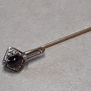 Vintage Krementz 14k Yellow Gold & White Gold, Blue Sapphire, and Seed Pearl Stick Pin, in Art Nouveau Style image 4
