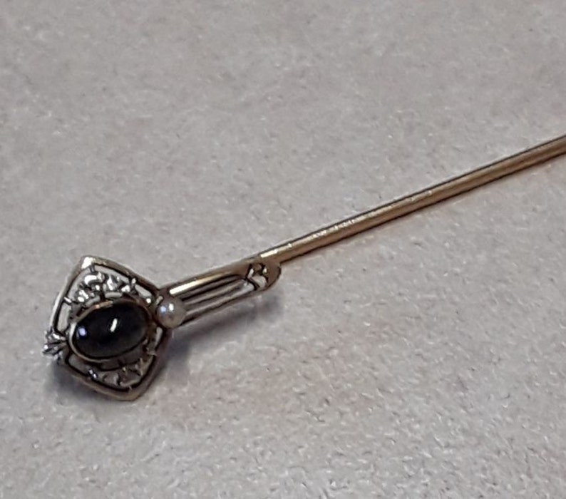 Vintage Krementz 14k Yellow Gold & White Gold, Blue Sapphire, and Seed Pearl Stick Pin, in Art Nouveau Style image 4