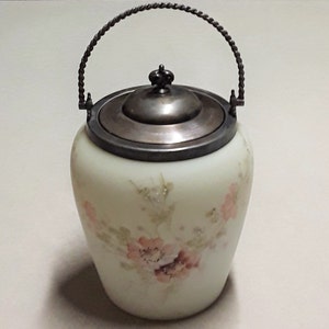 Vintage White Opal Ware Satin Glass Biscuit Jar, Decorated With Hand Painted Pastel Flowers, Enameled Beadwork, & Silver Plate Lid/Handle
