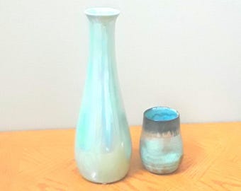 Two Vintage Green Pottery Vases, One Lusterware and One Pinched Southwestern Style