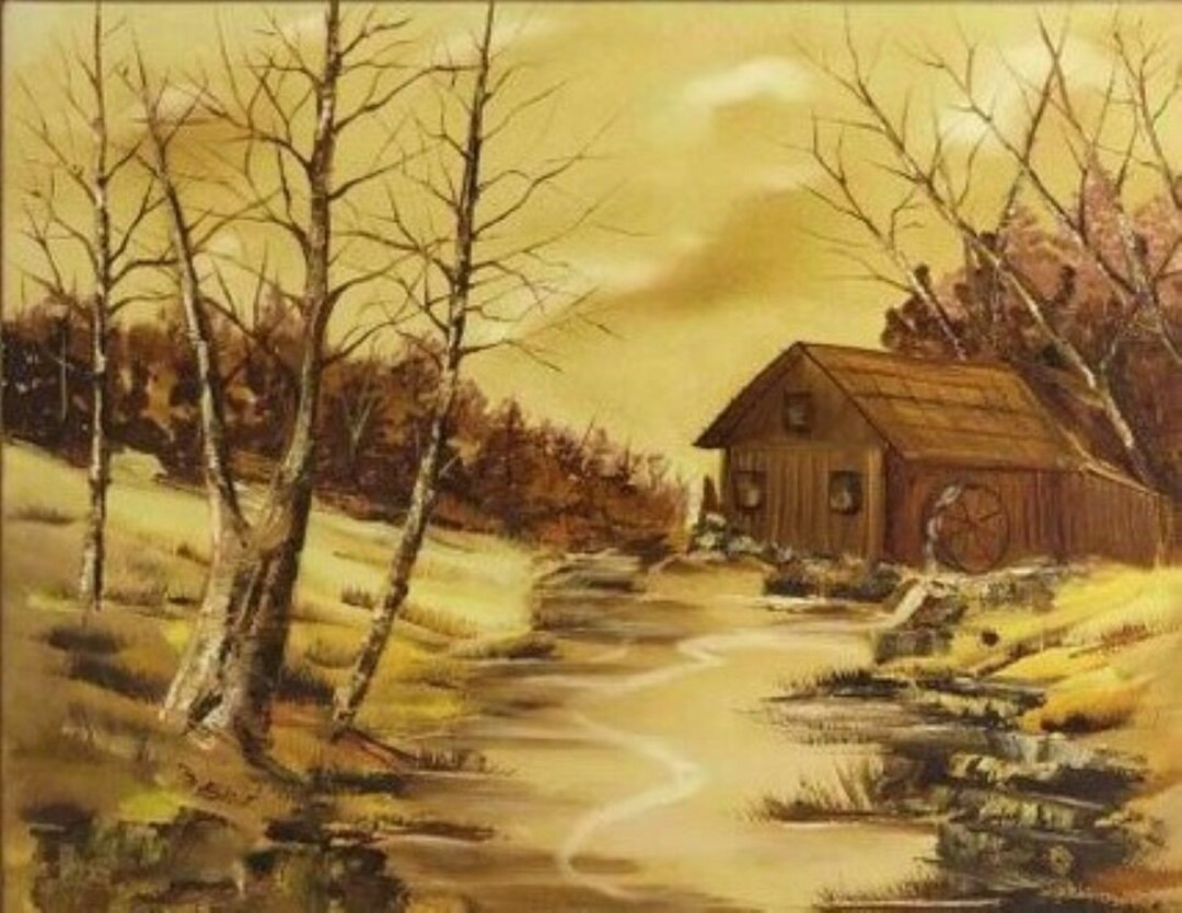 Vintage Original Oil Painting on Canvas of Outdoors Scene (with Cabin ...