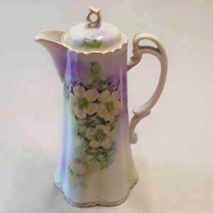 Vintage Andrea de Sadek (Made in Japan) Bisque Porcelana Hot Chocolate Pot and Lid, con flores pintadas a mano