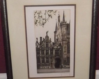 Vintage Roger Hebbelinck Original Signed Hand Colored Limited Edition Etching of Medieval Square in Bruges (Belgium), With COA