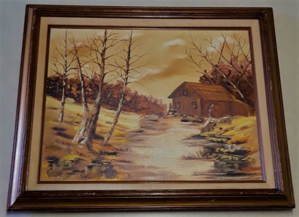 Vintage Original Oil Painting on Canvas of Outdoors Scene (with Cabin ...