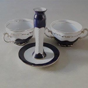 Vintage Zsolnay (of Pecs, Hungary) White and Cobalt Blue Porcelain Candleholder and Two Bouillon Cups, From Pompadour Lines